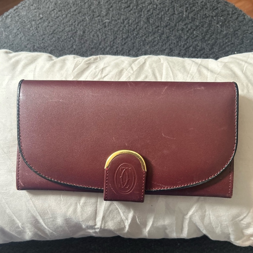 Vintage Cartier Kisslock Leather Envelope Clutch Wallet in Burgundy